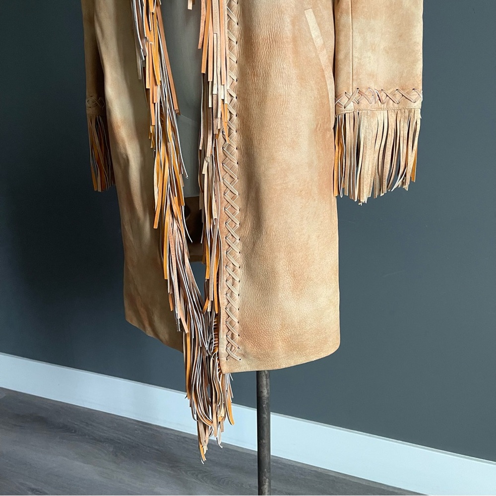 Vericci Tan Suede Fringe Leather Coat • Western Boho Festival Jacket (S) - Picture 3 of 15